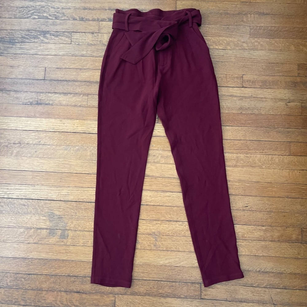 Sézane Austin Paperbag Waist Trousers Burgundy High Rise Belted US 0 - Picture 2 of 9